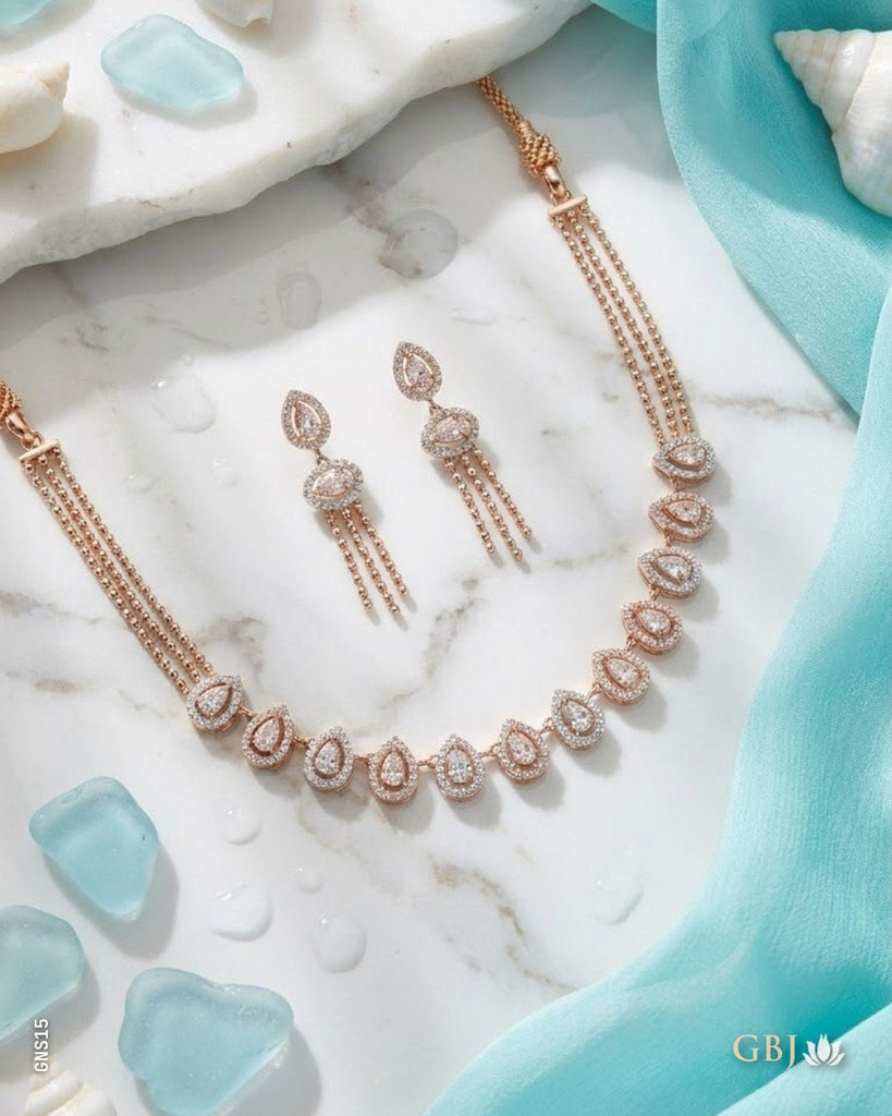 18K Rose Gold Unique Multi-Strand Swarovski Necklace Set - GEHNABOX