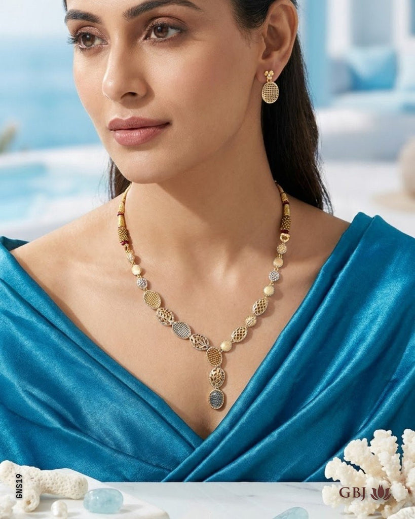 18K Yellow Gold Oval Mosaic Necklace Set - GEHNABOX