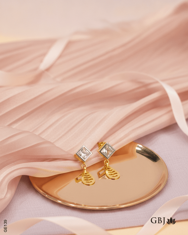 18K Yellow Gold Square-Stone Dangle Earrings - GEHNABOX