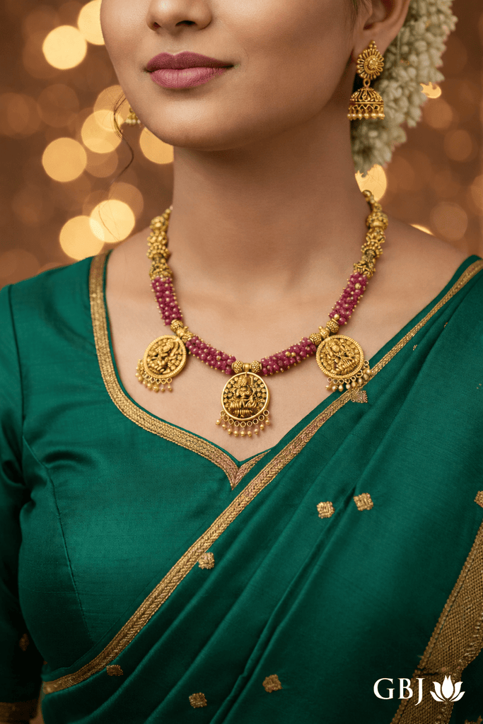 22K Antique Traditional Lakshmi Vilas Gold Necklace - GEHNABOX