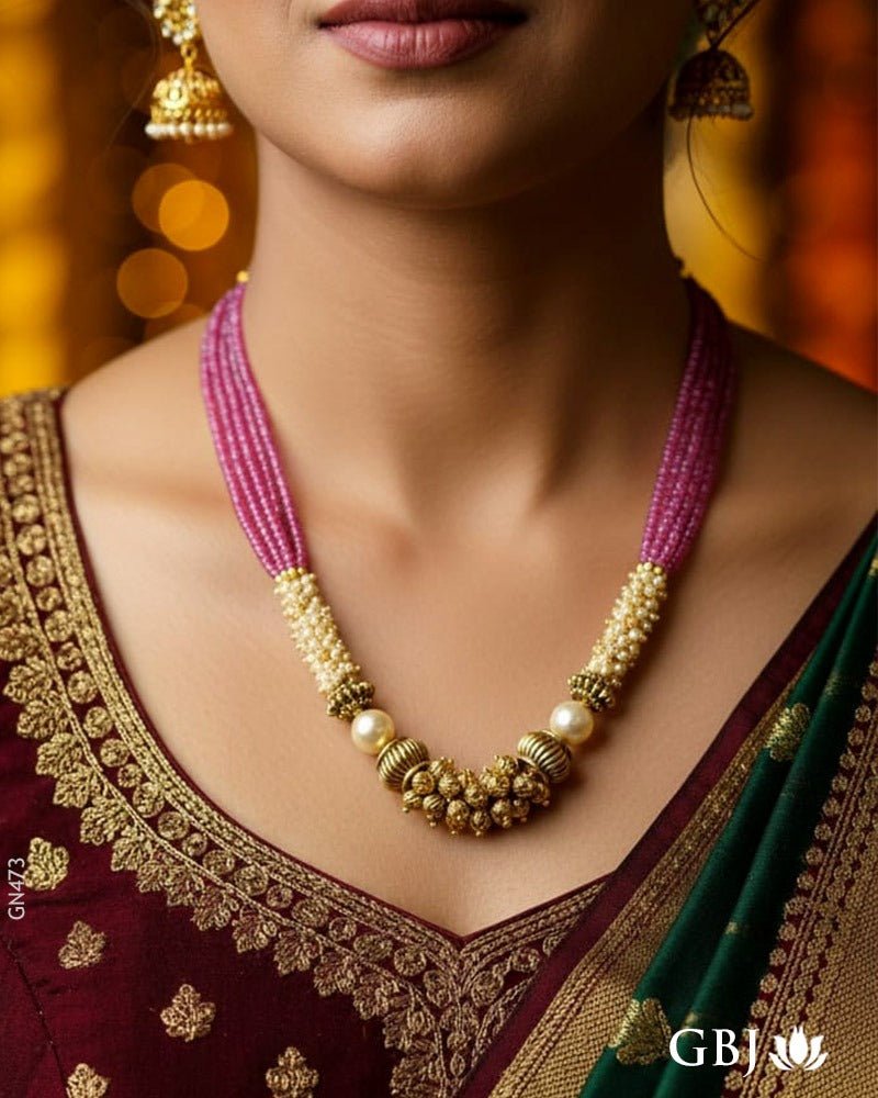22K Antique Traditional Pearl Gold Necklace - GEHNABOX