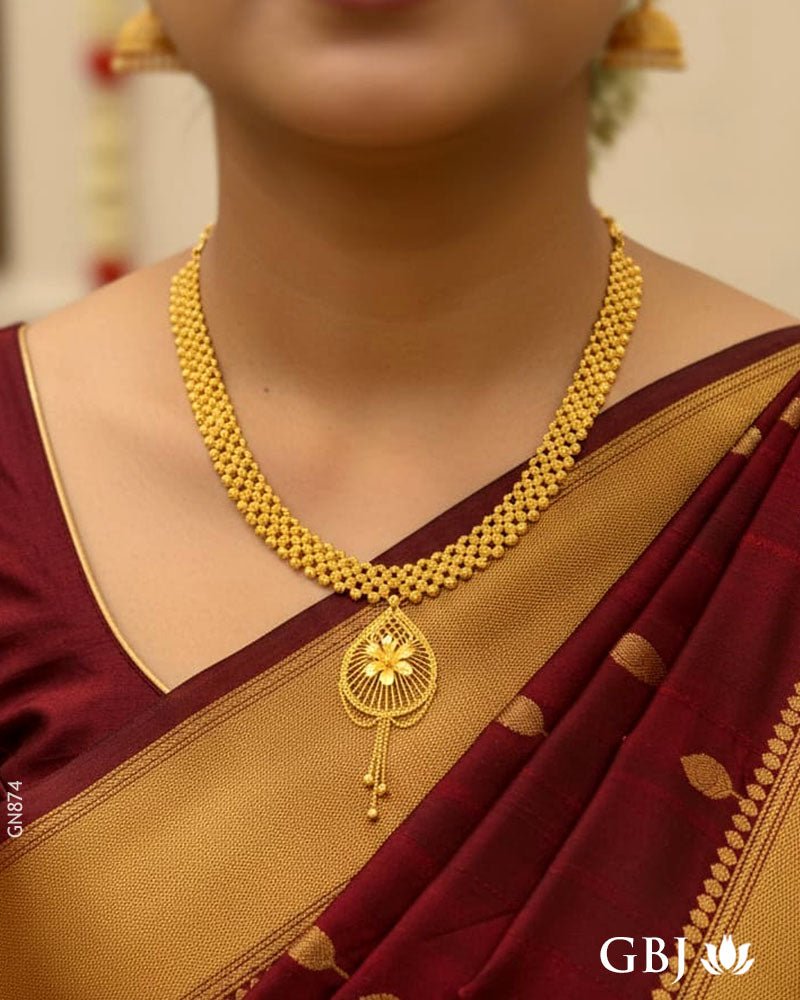 22K Yellow Gold Beaded Mesh Chain Necklace - GEHNABOX