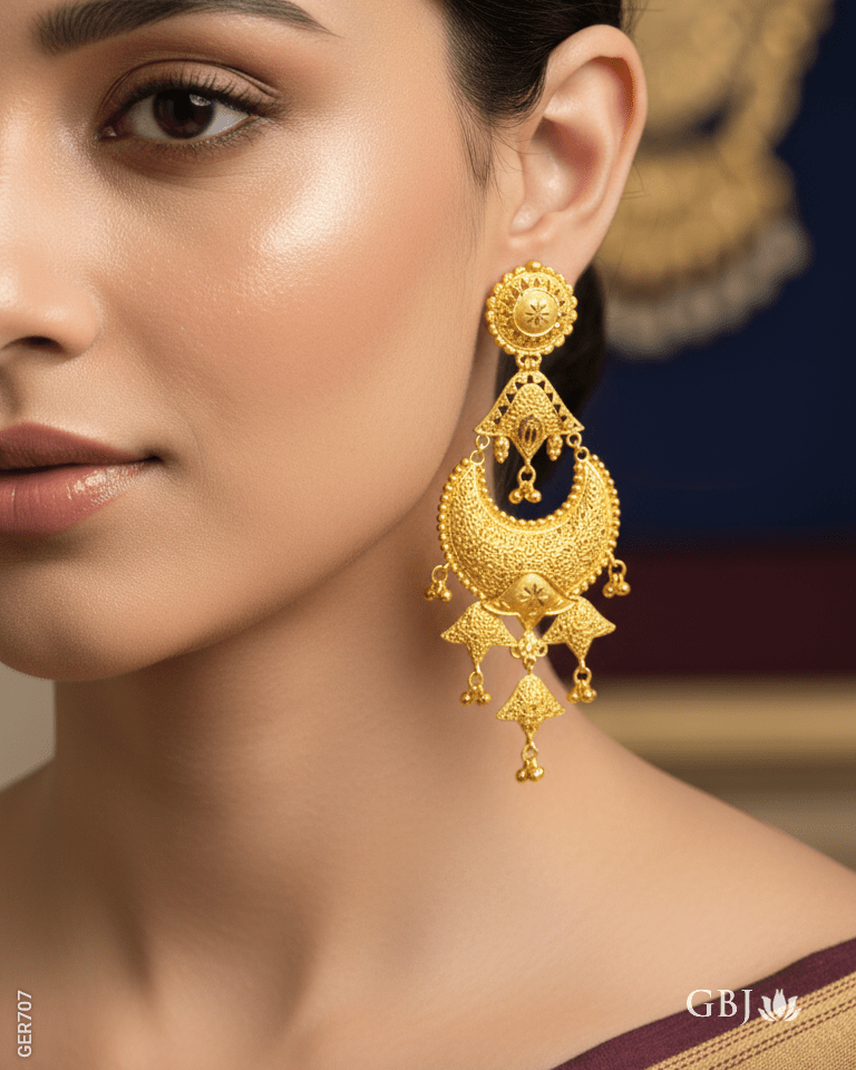 22K Yellow Gold Chand-Bali Hanging Earrings - GEHNABOX