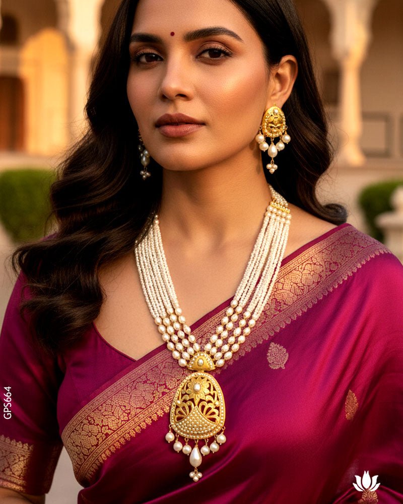 22K Yellow Gold Crafted White Pearl Pendant Set - GEHNABOX