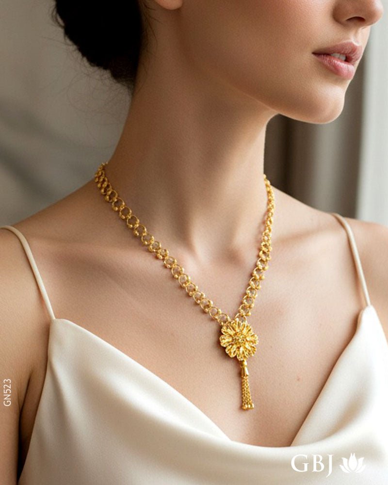 22K Yellow Gold Floral Chain Necklace - GEHNABOX