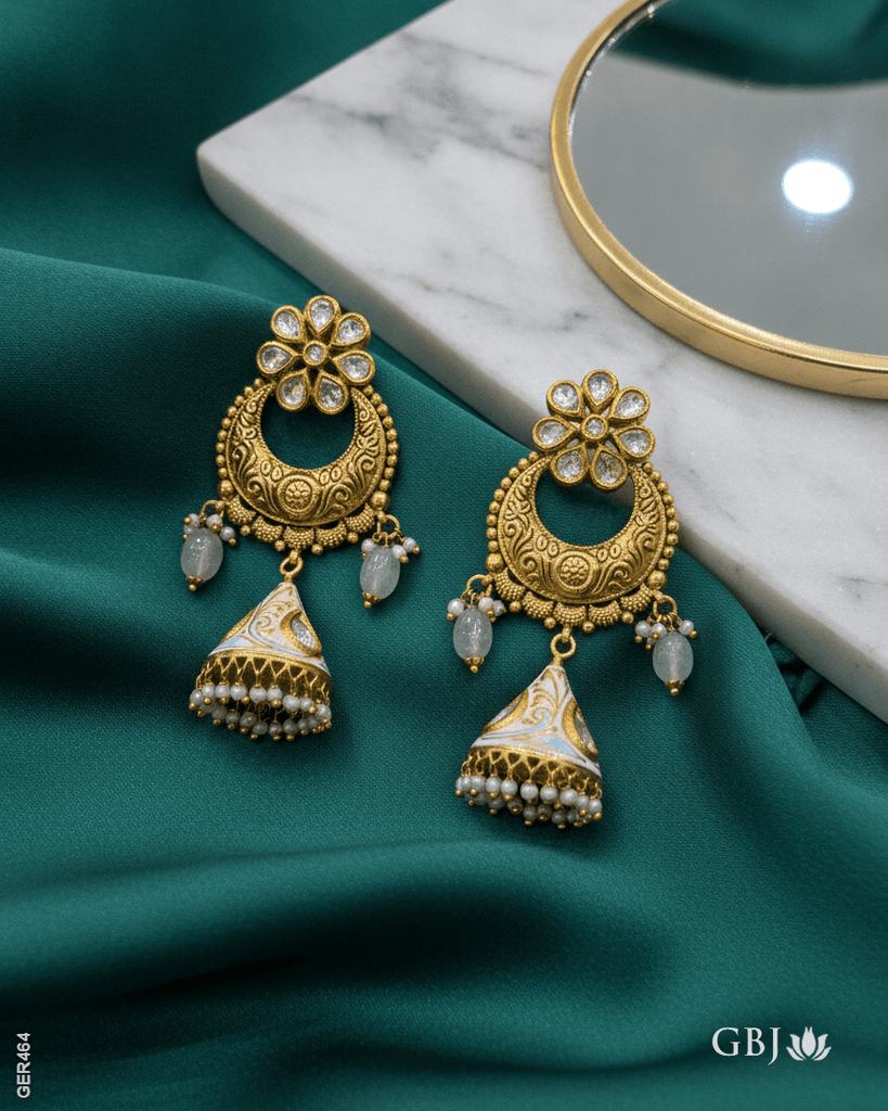 22K Yellow Gold Floral Chandbali Jhumka Hanging Earrings - GEHNABOX