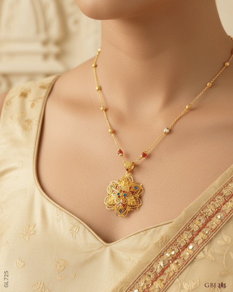 22K Yellow Gold Floral Handcrafted Meenakari Locket - GEHNABOX