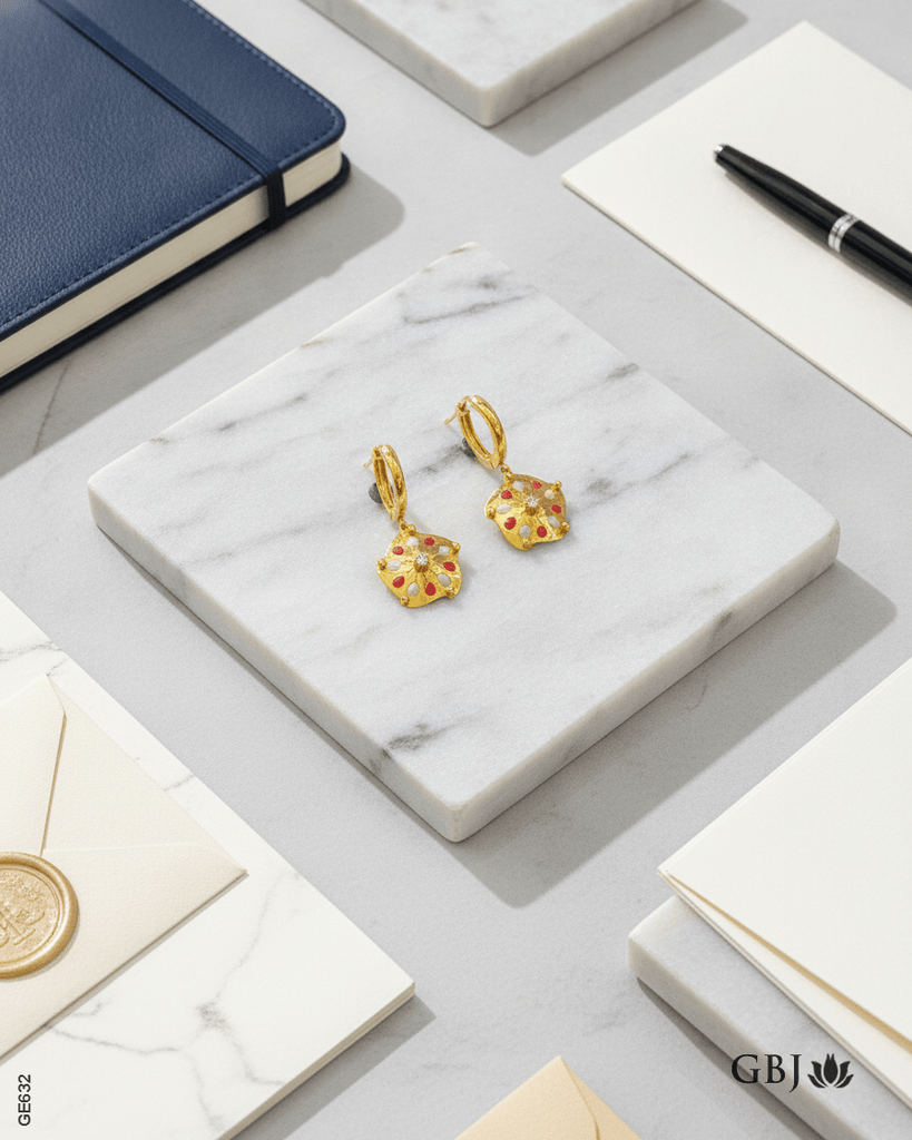 22K Yellow Gold Meenakari Floral Dangle Bali - GEHNABOX
