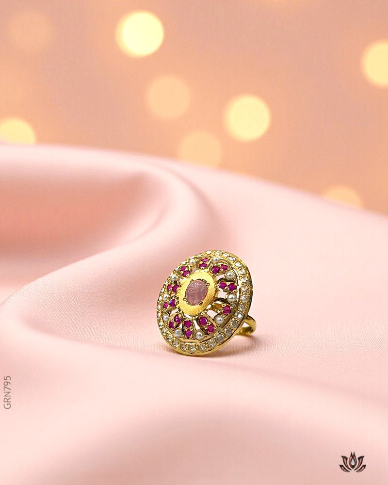 22K Yellow Gold Rubies & Pearls Cocktail Ring - GEHNABOX