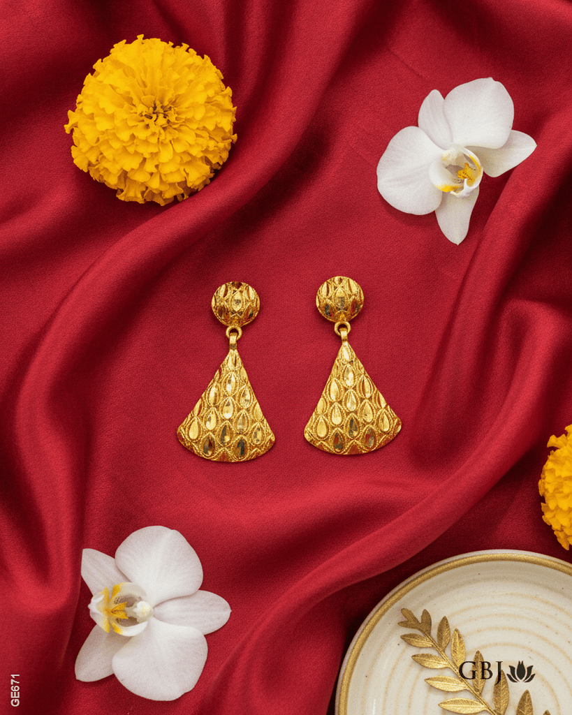 22K Yellow Gold Textured Fan-Dangle Earrings - GEHNABOX
