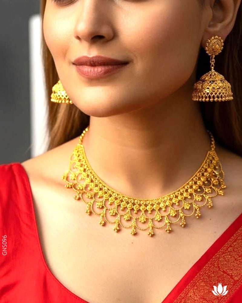 22K Yellow Gold Traditional Filigree Necklace Set - GEHNABOX