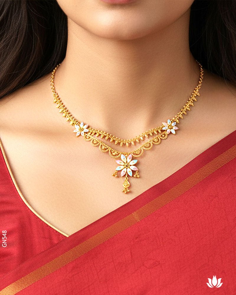 22K Yellow Gold Traditional Floral Drop Necklace - GEHNABOX