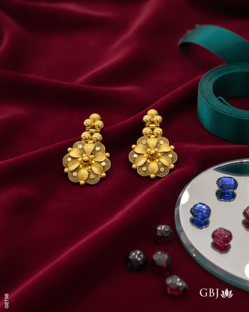 22K Yellow Gold Traditional Floral Hanging Earrings - GEHNABOX