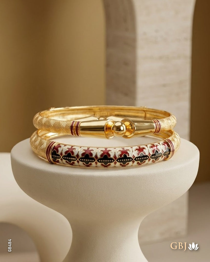 22K Yellow Gold Traditional Ball-Clasp Meenakari Bangles