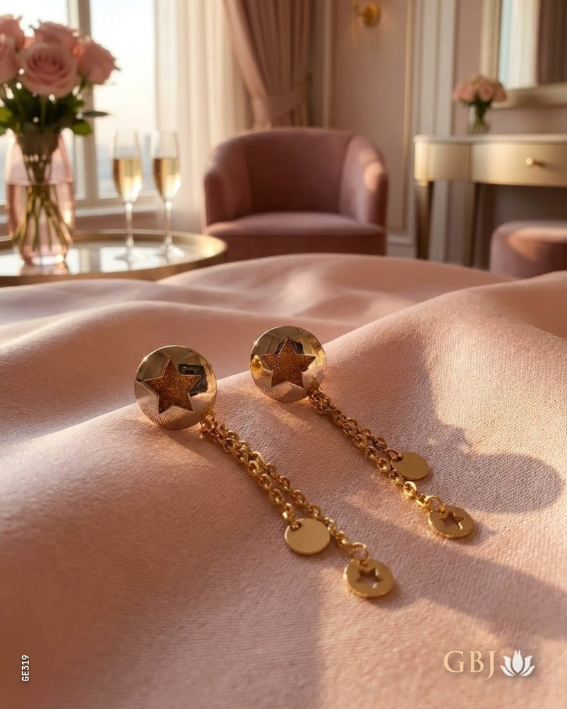 18K Rose Gold Disc & Star Charms Earrings