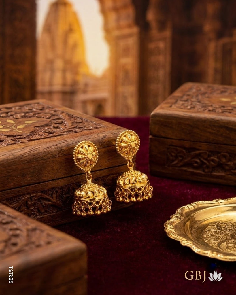 22K Yellow Gold Traditional Floral-Studded Jhumko Earrings