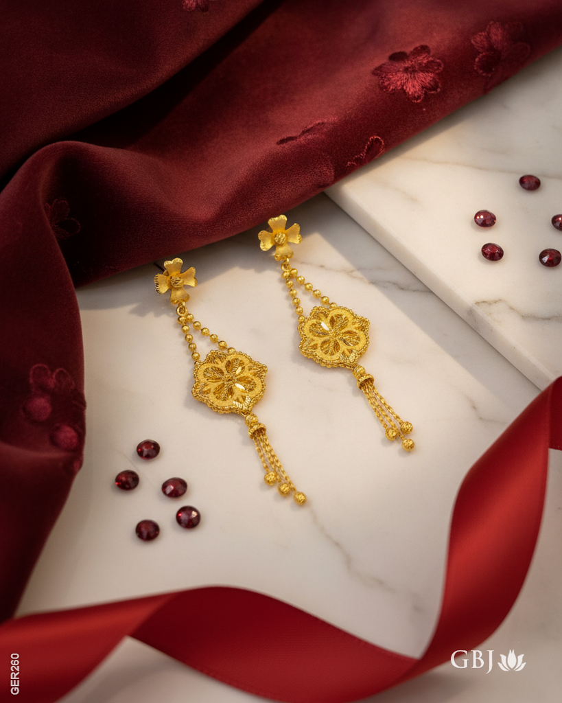 22K Yellow Gold Floral Tassel Drop Hanging Earring
