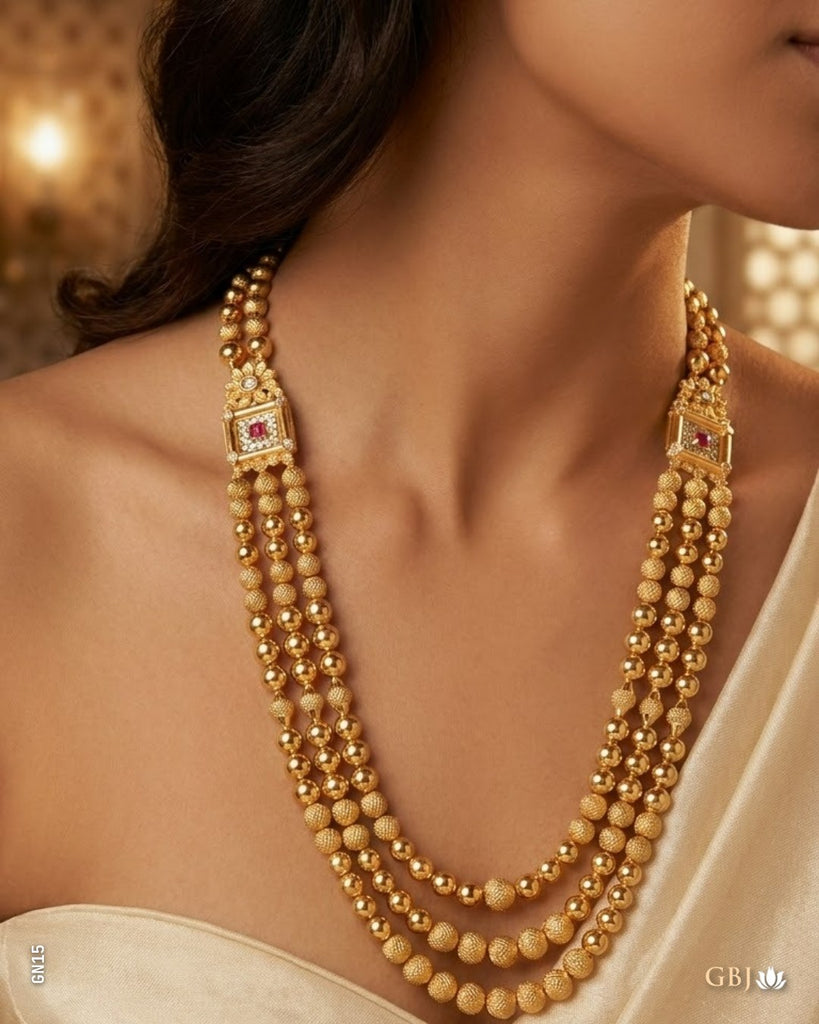 22K Yellow Gold Traditional Tri-Strand Potli Bead Necklace