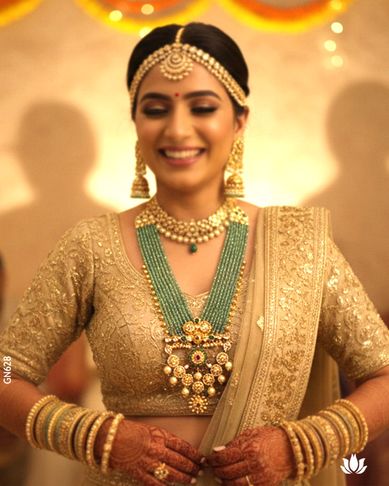 22K Yellow Gold Multi-Strand Green Moti Necklace