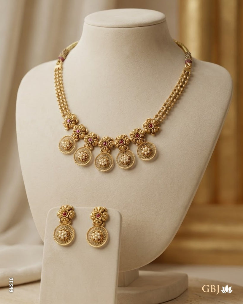 22K Antique Gold Royal Floret Pearl Necklace Set