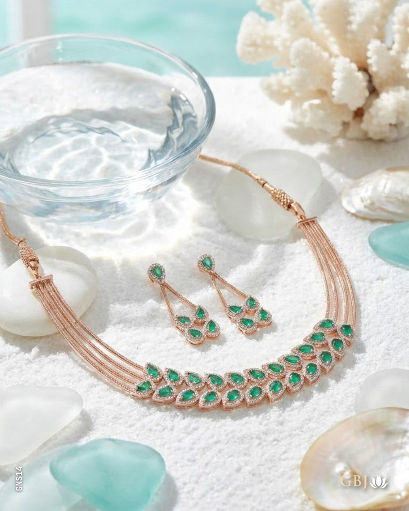 18K Rose Gold Emerald Cascade Multi-Strand Swarovski Necklace Set