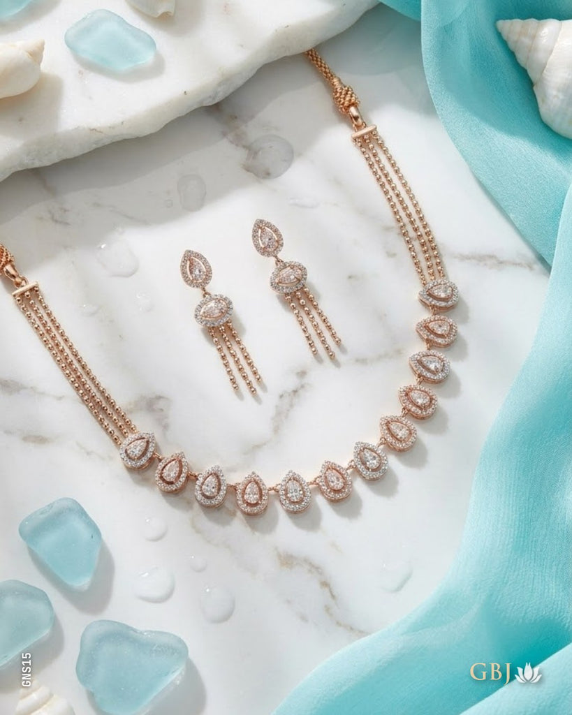 18K Rose Gold Unique Multi-Strand Swarovski Necklace Set
