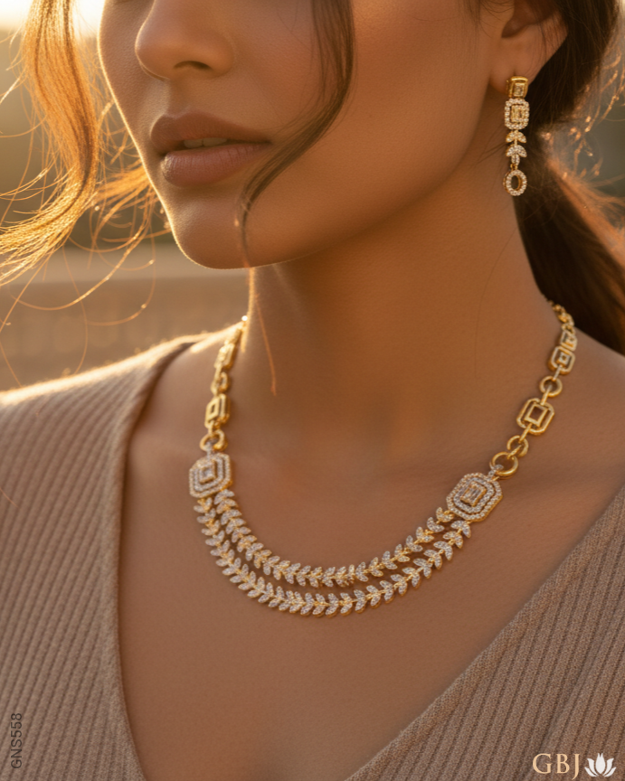 18K Yellow Gold Leaf-Vine Statement Swarovski Necklace Set