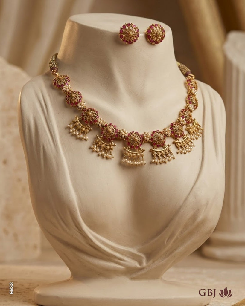 22K Antique Gold Ruby & Pearl Necklace Set