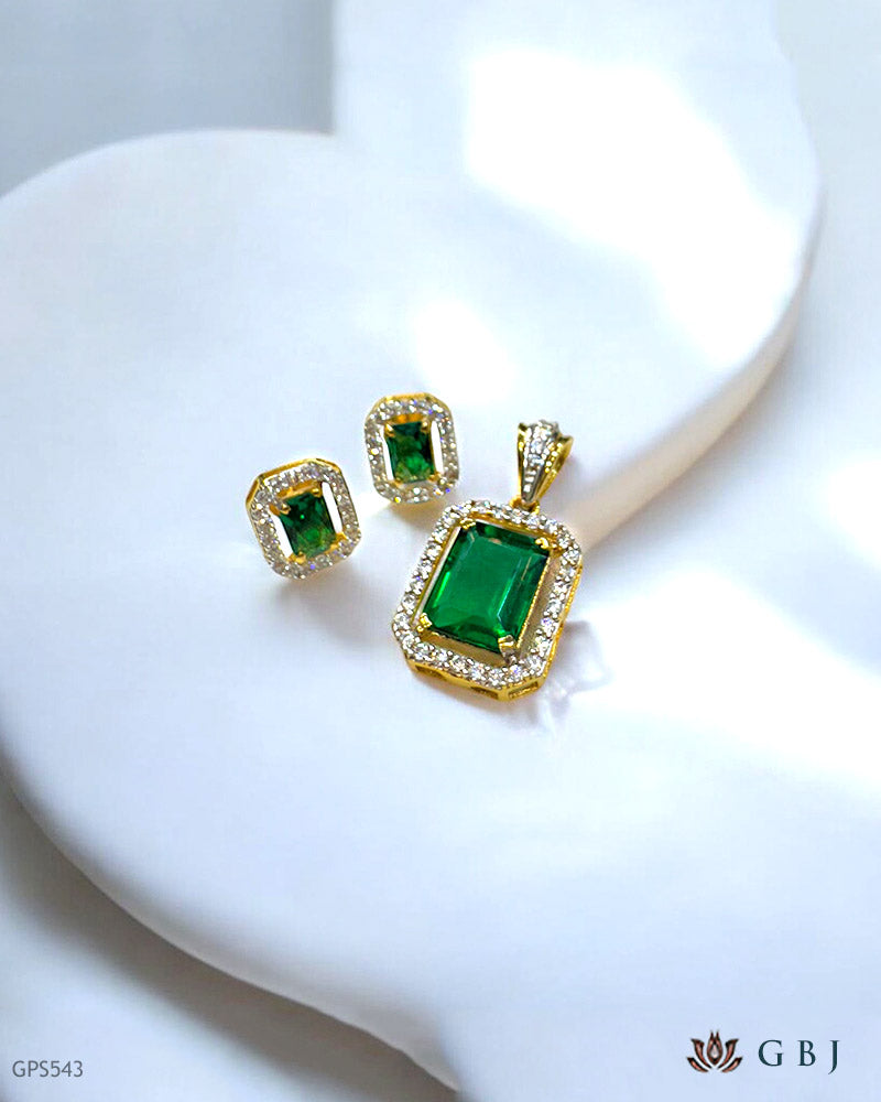18K Real Gold Emerald Pendant Set