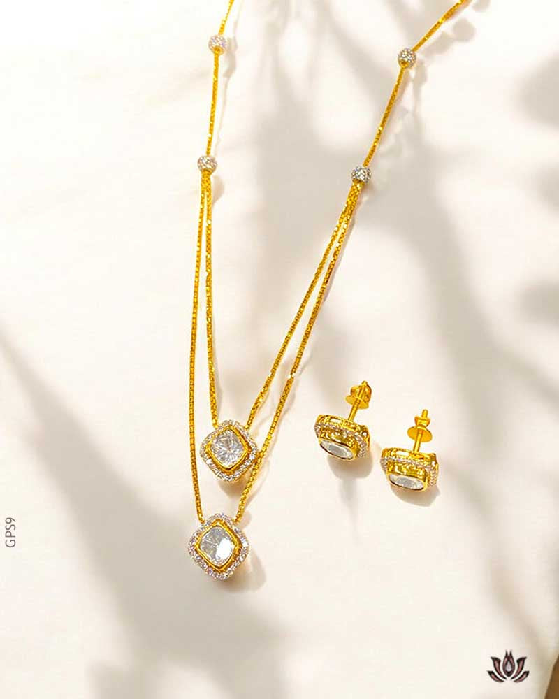 18K  Yellow Gold Double Chain  Polki Pendant Set