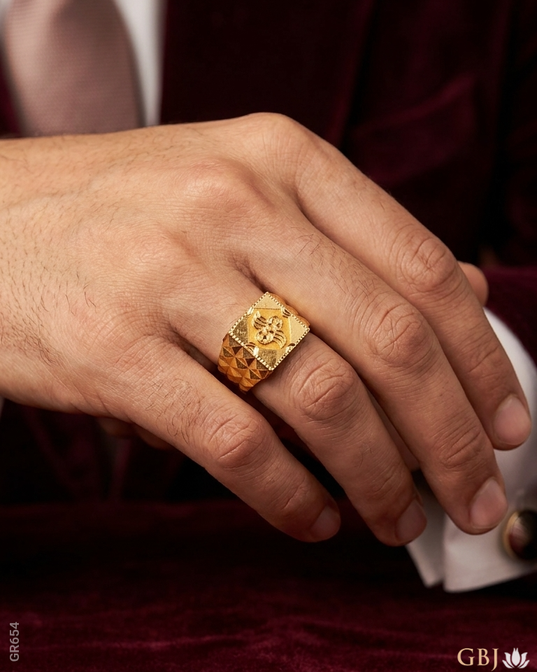 22K Yellow Gold Emblem Motif Men's Ring