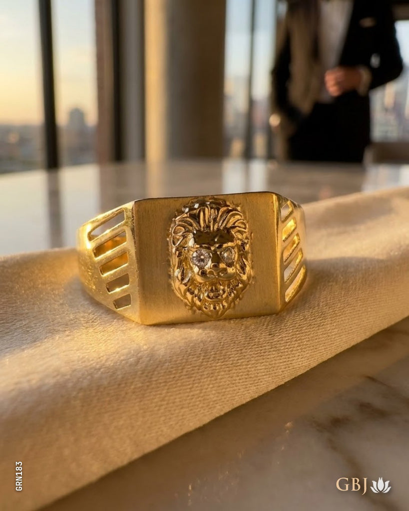 18K Yellow Gold Regal Lion Mens Ring