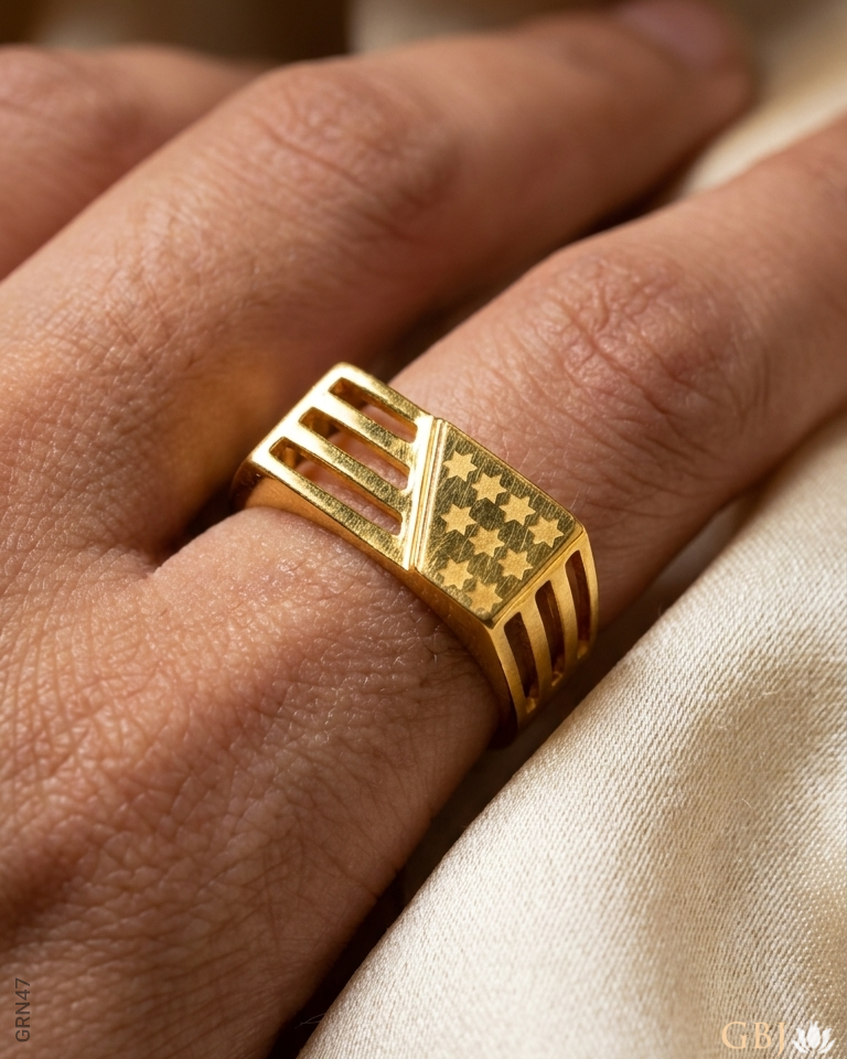22K Yellow Gold Star Etched Geometric Men's Ring