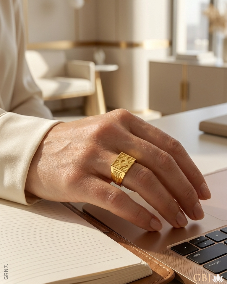 22K Yellow Gold Grooved Cross Geometric Men's Ring