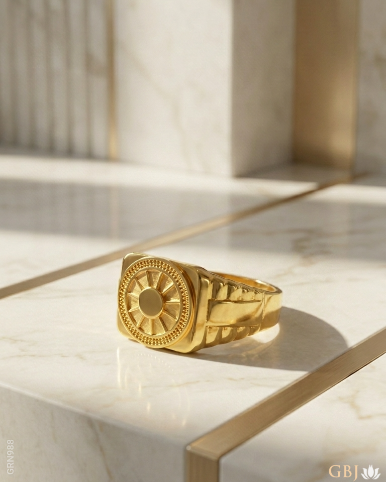 22K Yellow Gold Square Sunburst Men's Ring