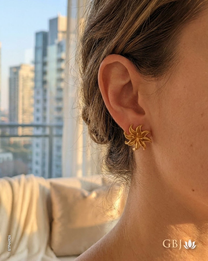 22K Yellow Gold Swirling Petal Floral Stud Tops