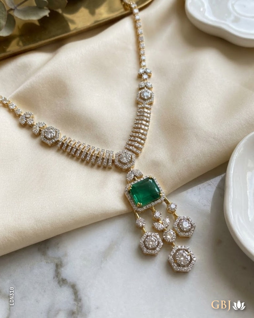 14K Lab Grown Diamond Regal Emerald & Hexagon Necklace E-F / VS