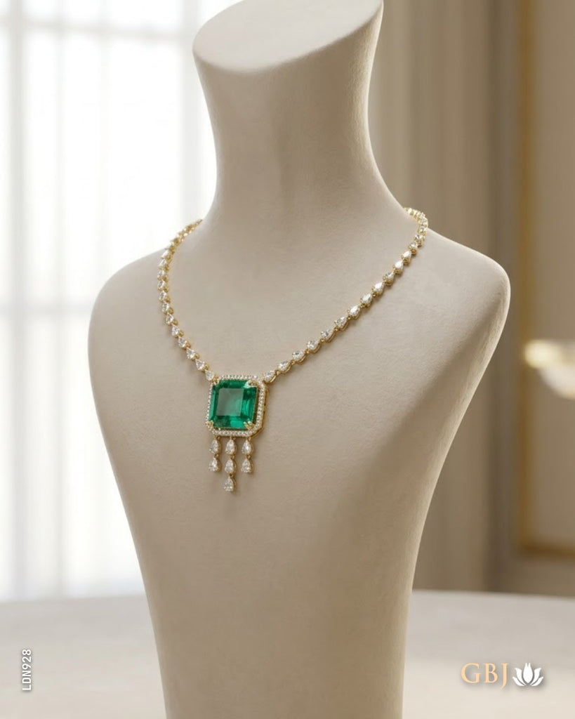 14K Lab Grown Diamond Solitaire Emerald Necklace E-F / VVS-VS
